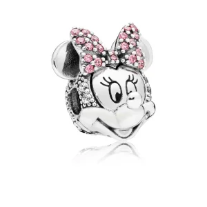 (slika za) PANDORA Disney, svetleča sponka za portret Minnie, prozoren CZ in roza emajl - 797496CZS