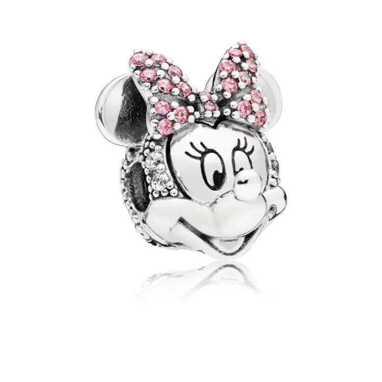 PANDORA Disney, svetleča sponka za portret Minnie, prozoren CZ in roza emajl - 797496CZS