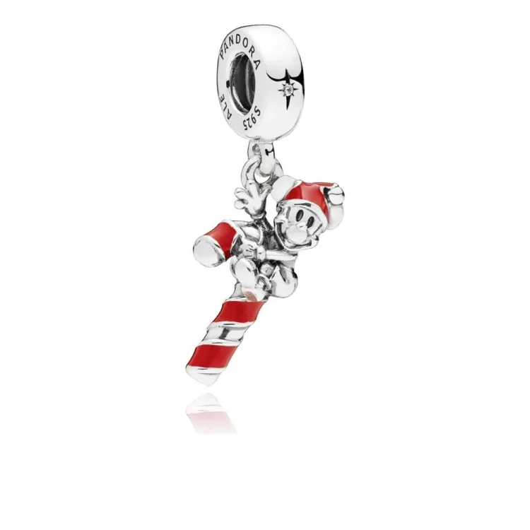 PANDORA Disney, viseči obesek Božiček Mickey\'s Candy Cane, rdeč emajl - 797500EN09