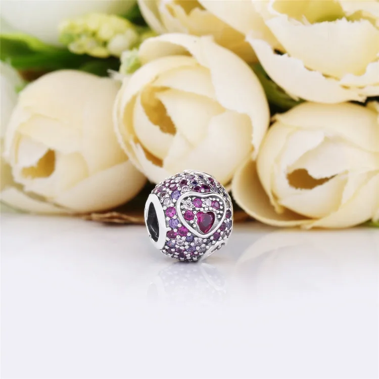 PANDORA Asimetrični obeski Hearts of Love, rdeča in roza CZ, kraljevsko vijolični kristali - 797826CZRMX