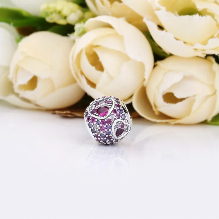 PANDORA Asimetrični obeski Hearts of Love, rdeča in roza CZ, kraljevsko vijolični kristali - 797826CZRMX