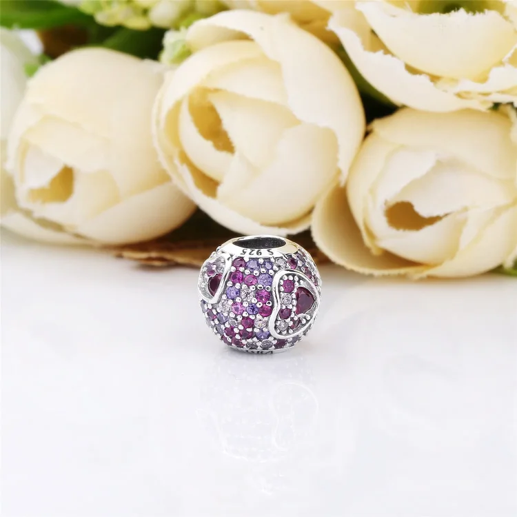 PANDORA Asimetrični obeski Hearts of Love, rdeča in roza CZ, kraljevsko vijolični kristali - 797826CZRMX