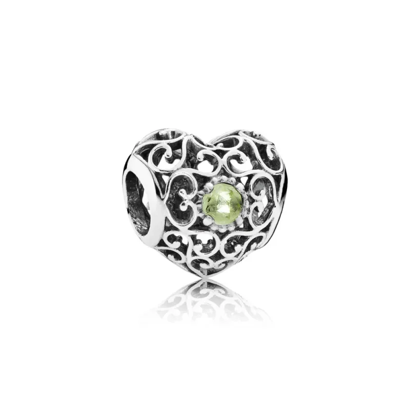 (slika za) PANDORA August Signature Heart Charm, Peridot - 791784PE - Slika izdelka