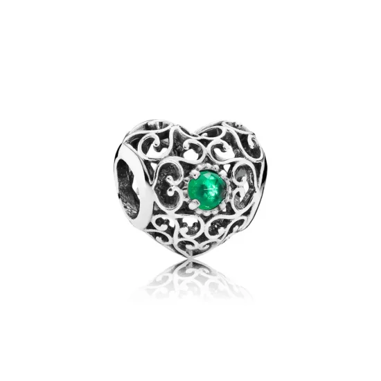 (slika za) PANDORA May Signature Heart Charm, Royal Green Crystal - 791784NRG