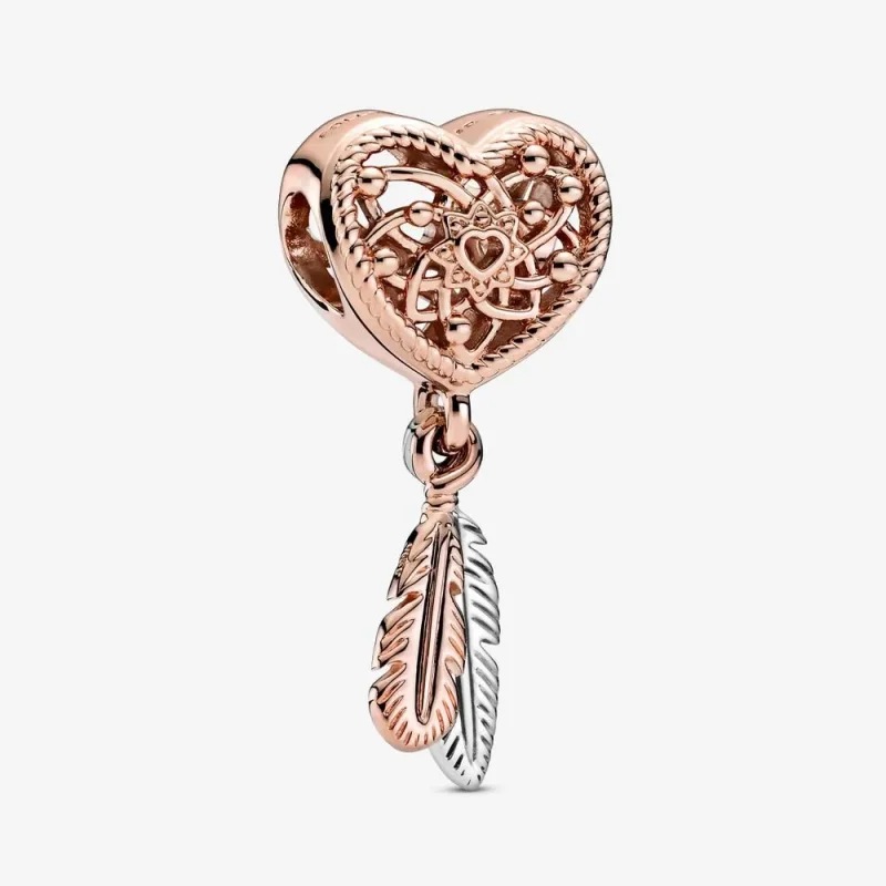 (slika za) Obesek PANDORA Openwork Heart & Two Feathers Dreamcatcher Charm - 789068C00 - Slika izdelka