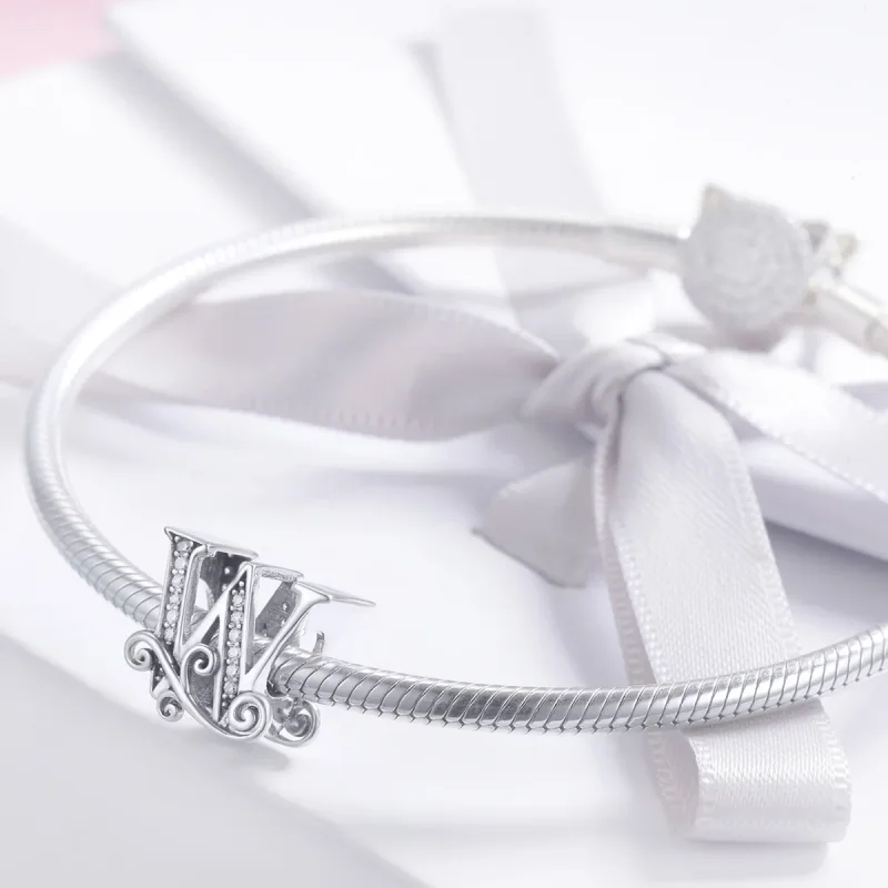 (slika za)  Obesek s bleščečimi pavé cvetovi, črka W v slogu Pandora - BSC030-W - Ogled 3