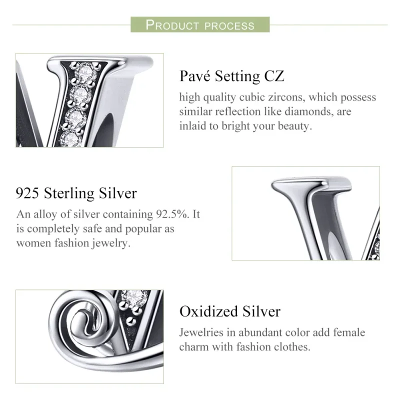 (slika za)  Obesek s bleščečimi pavé cvetovi, črka W v slogu Pandora - BSC030-W - Ogled 6