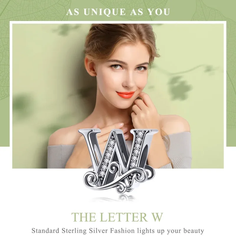 (slika za)  Obesek s bleščečimi pavé cvetovi, črka W v slogu Pandora - BSC030-W - Ogled 7