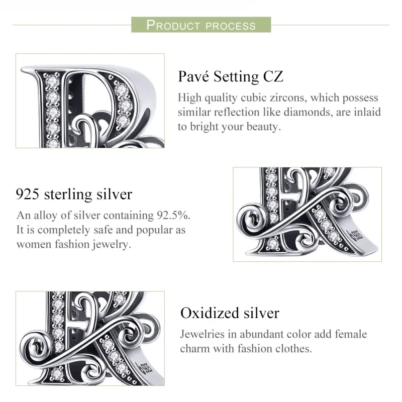 (slika za)  Obesek s bleščečimi pavé cvetovi v stilu Pandora, črka R - BSC030-R - Ogled 6