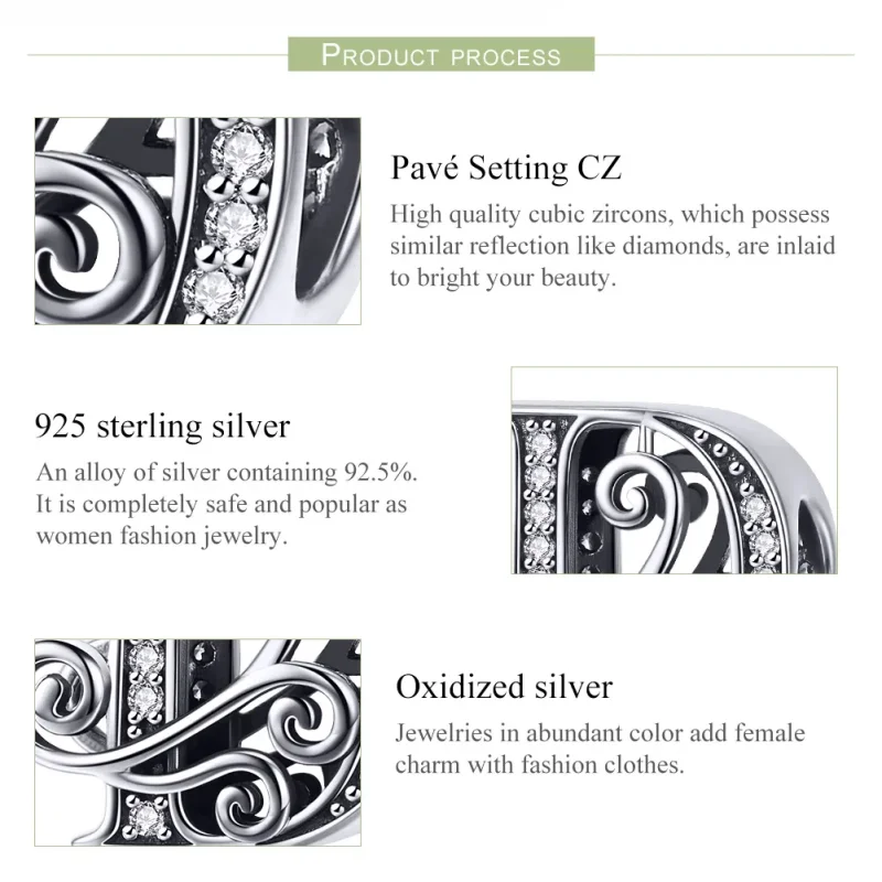 (slika za)  Obesek s bleščečimi pavéji v obliki črke D v stilu Pandora - BSC030-D - Ogled 6