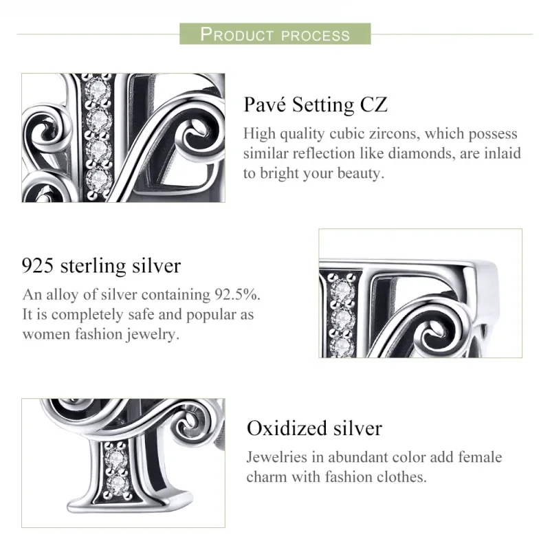 (slika za)  Obesek s bleščečimi pavéji v obliki črke F v stilu Pandora - BSC030-F - Ogled 6