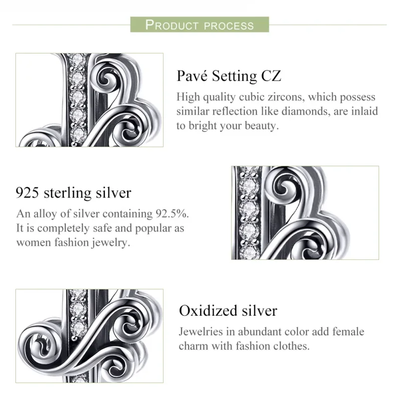 (slika za)  Obesek s bleščečimi pavéji v obliki črke I v stilu Pandora - BSC030-I - Ogled 6