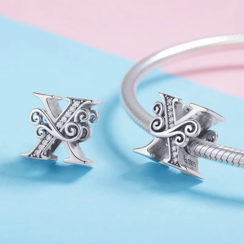 (slika za)  Obesek s bleščečimi pavéji v obliki črke X v slogu Pandora - BSC030-X - Ogled 4