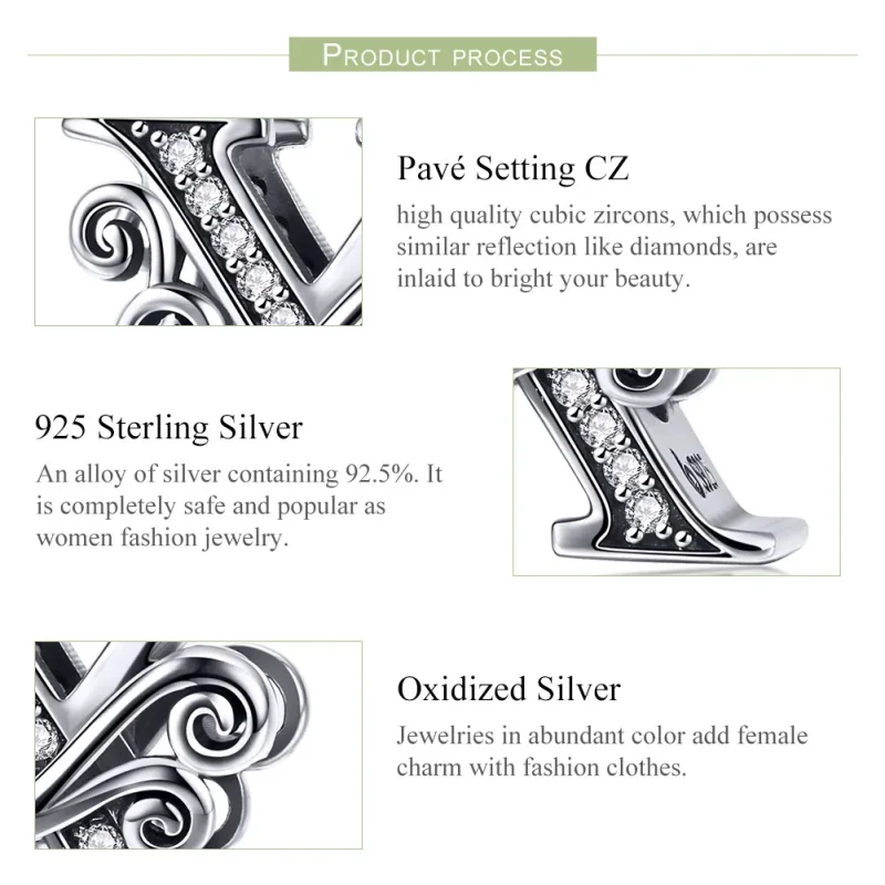 (slika za)  Obesek s bleščečimi pavéji v obliki črke X v slogu Pandora - BSC030-X - Ogled 6