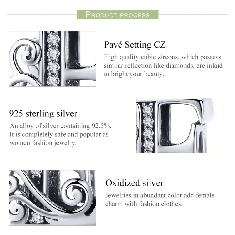 (slika za)  Obesek s bleščečimi rožicami v obliki črke E v stilu Pandora - BSC030-E - Ogled 6