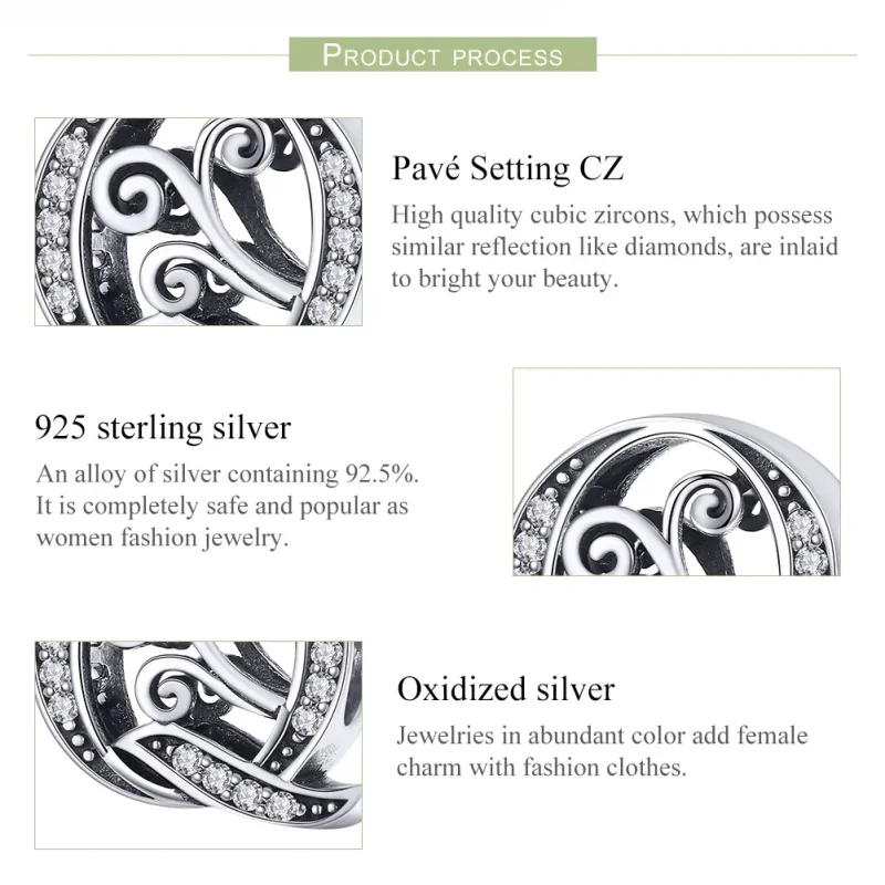 (slika za)  Obesek s bleščečimi rožicami v obliki črke Q v stilu Pandora - BSC030-Q - Ogled 6