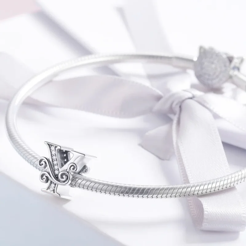 (slika za)  Obesek s bleščečo rožo v obliki črke Y v stilu Pandora - BSC030-Y - Ogled 3