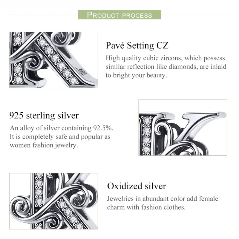 (slika za)  Pandora Style Bleščeč Pavé Cvetlični obesek s črko K - BSC030-K - Ogled 6