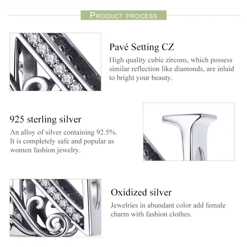 (slika za)  Pandora Style Bleščeč Pavé Obesek s črko N v obliki cvetov - BSC030-N - Ogled 6