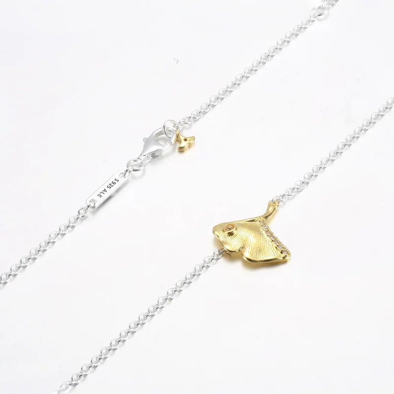 (slika za) PANDORA Ginkgo srebro šterling in 14k pozlačen ovratnik s prozornim kubičnim cir - Ogled 5