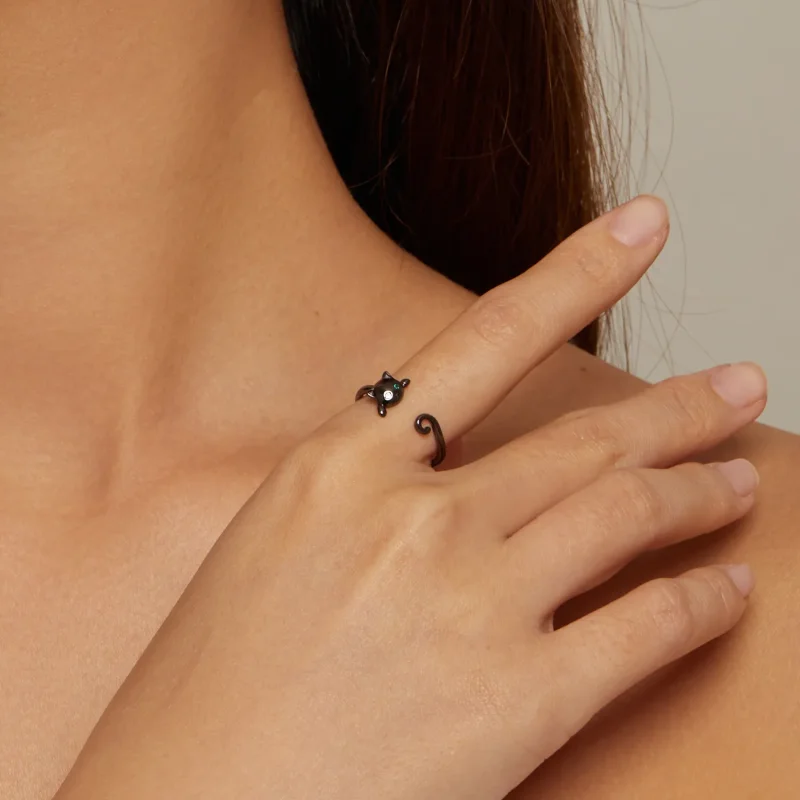 (slika za) Odprt prstan s črno srčkano mačko Pandora Style - SCR707-D - Ogled 4