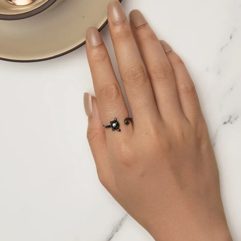 (slika za) Odprt prstan s črno srčkano mačko Pandora Style - SCR707-D - Ogled 5