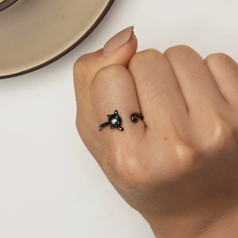 (slika za) Odprt prstan s črno srčkano mačko Pandora Style - SCR707-D - Ogled 6