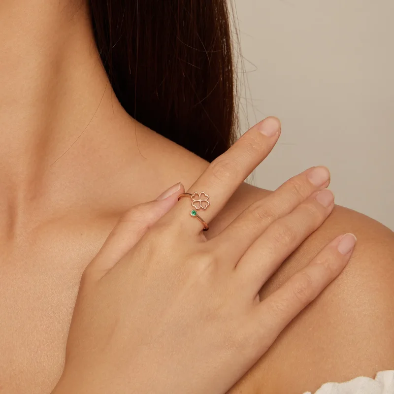 (slika za) Odprt prstan s štiriperesno deteljico iz rožnatega zlata v stilu Pandora - SCR84 - Ogled 4