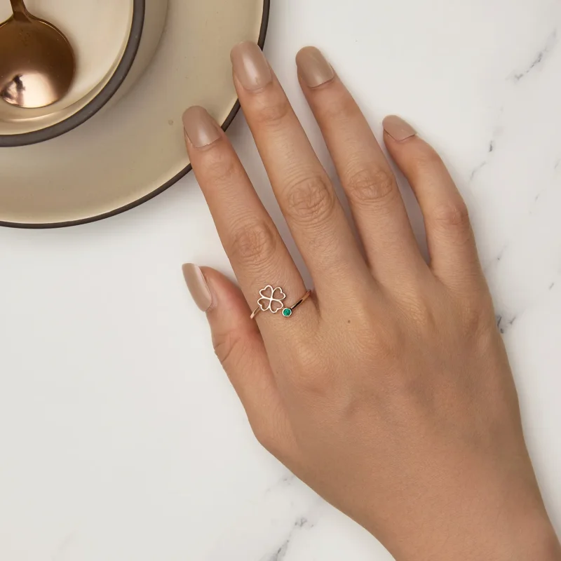 (slika za) Odprt prstan s štiriperesno deteljico iz rožnatega zlata v stilu Pandora - SCR84 - Ogled 5