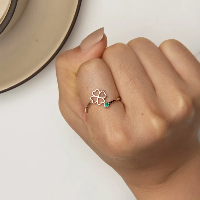 (slika za) Odprt prstan s štiriperesno deteljico iz rožnatega zlata v stilu Pandora - SCR84 - Ogled 6