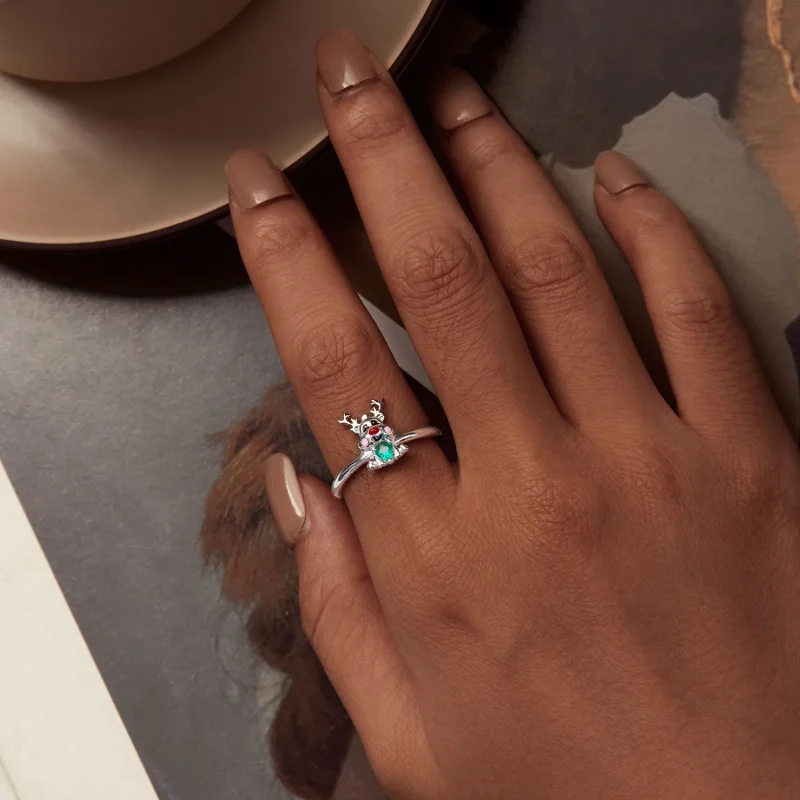 (slika za) Odprt prstan z božičnim severnim jelenom v stilu Pandora - BSR493-E - Ogled 5