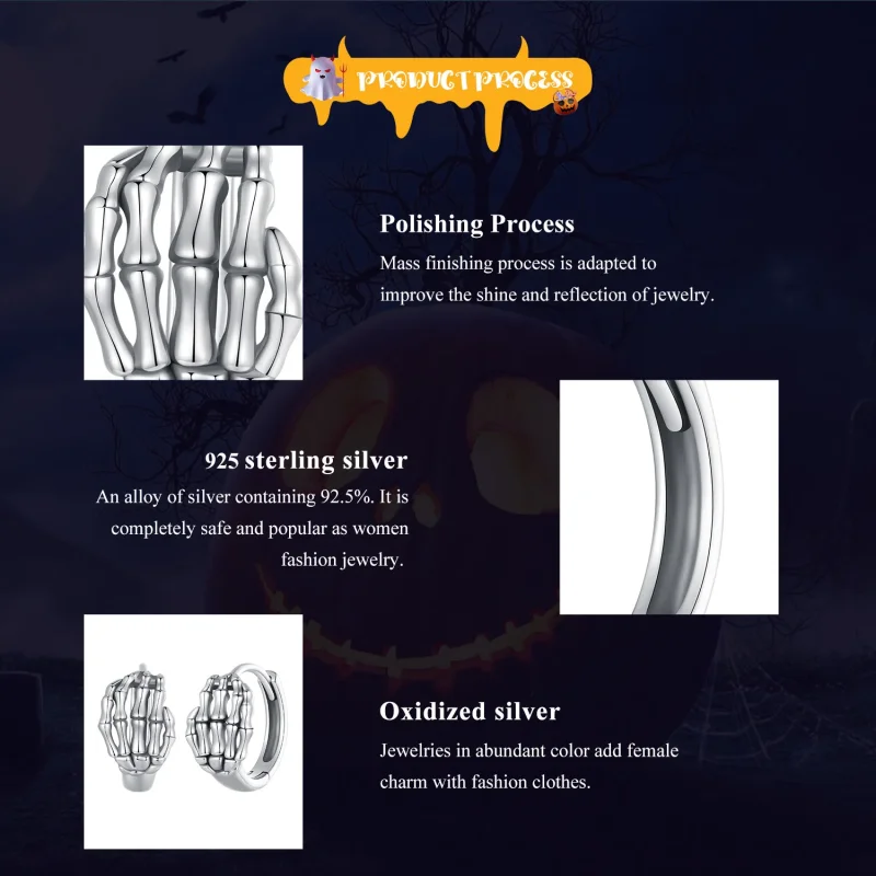 (slika za) Pandora Style Skeleton Hand Hoop Uhani - SCE1641 - Ogled 7