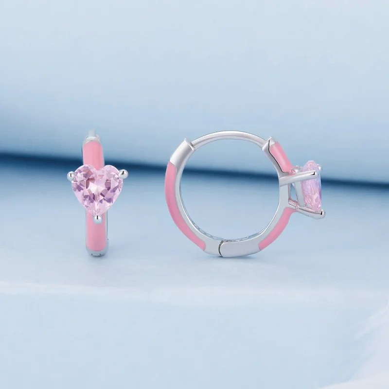 (slika za) Rožnati obročasti uhani v obliki srca v slogu Pandora - BSE813 - Ogled 2