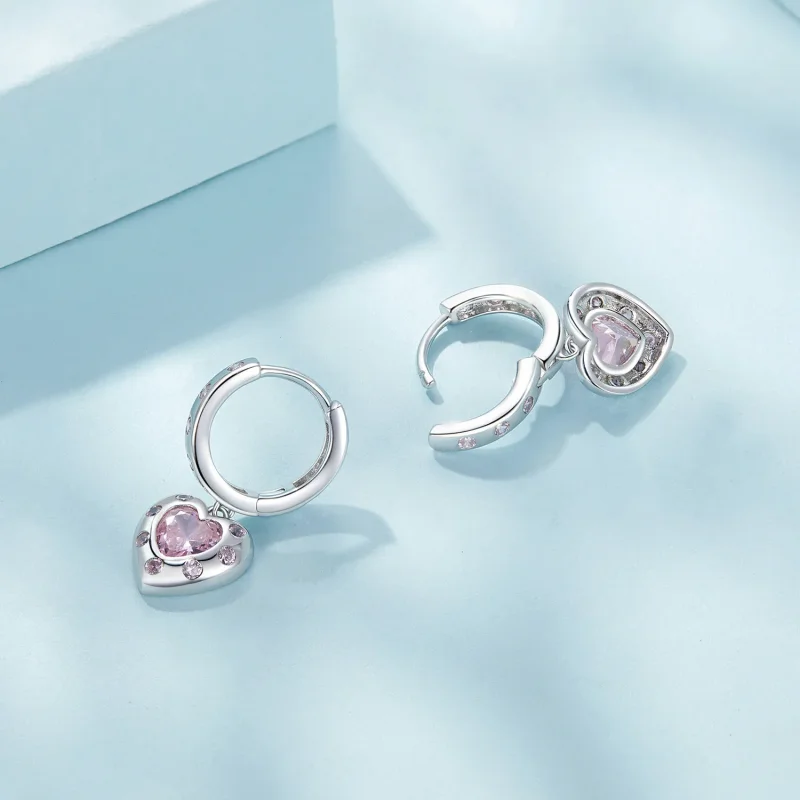 (slika za) Rožnati obročasti uhani v obliki srca v slogu Pandora - SCE1625 - Ogled 4