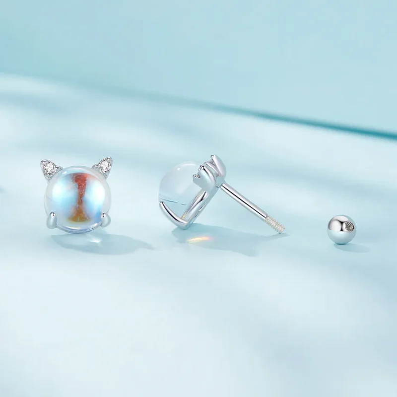 (slika za) Uhani z zatiči z mačjimi mesečevimi kamni v slogu Pandora - SCE1622 - Ogled 3