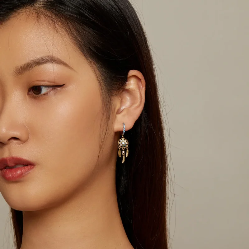 (slika za) Viseči uhani zlati lovec sanj v stilu Pandora - SCE713-B - Ogled 6