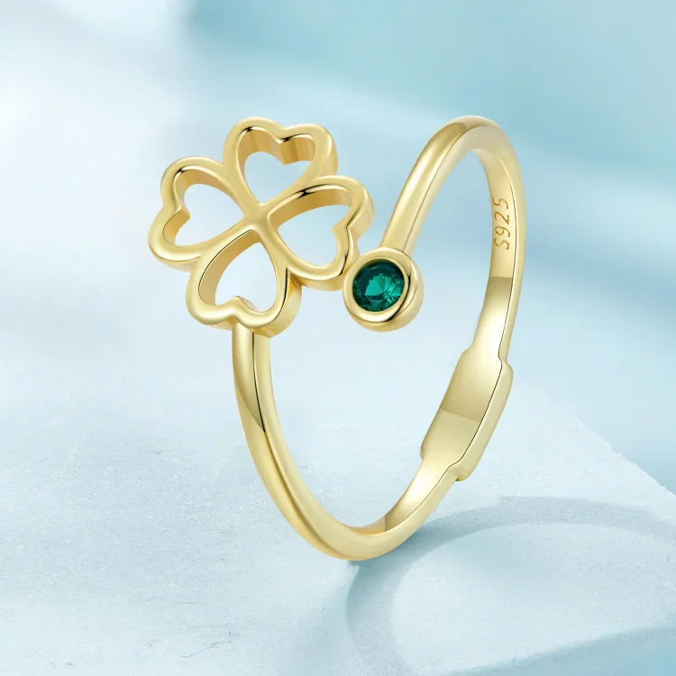 Zlati odprti prstan s štiriperesno deteljico Pandora Style - SCR843-B