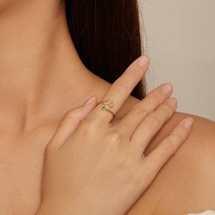 Zlati odprti prstan s štiriperesno deteljico Pandora Style - SCR843-B