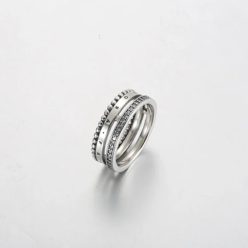 (slika za) Prstan Pandora Signature z logotipom ter perlicami in pavé - 192312C01 - Ogled 2