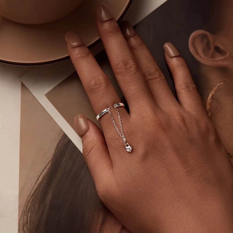 (slika za) Dvoslojni verižični prstan v obliki srca v slogu PANDORA - SCR1004-E - Ogled 5