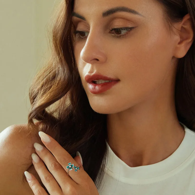 (slika za) Odprt prstan s štiriperesno deteljico v stilu PANDORA - BSR528-E - Ogled 5