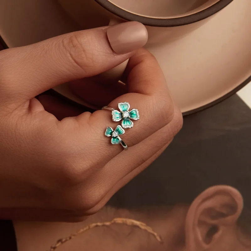 (slika za) Odprt prstan s štiriperesno deteljico v stilu PANDORA - BSR528-E - Ogled 7