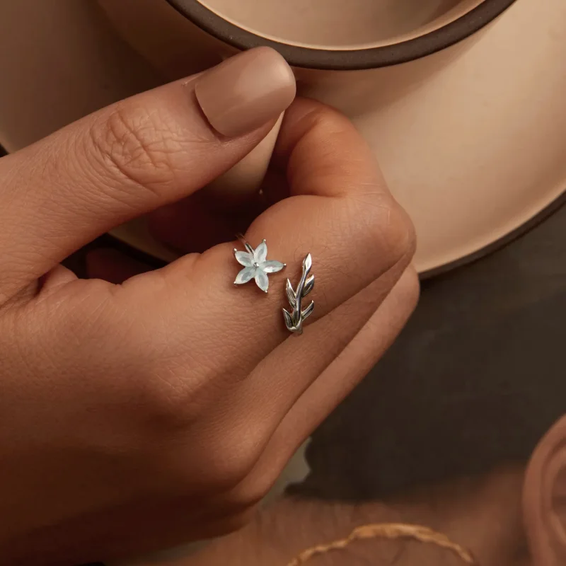 (slika za) Odprt prstan z zelenimi rožami v stilu PANDORA - BSR533-E - Ogled 4