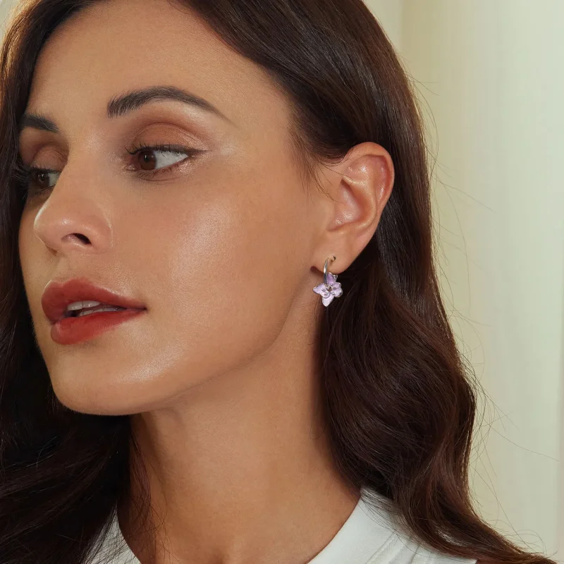 (slika za) Vijolični uhani z rožami v stilu PANDORA - BSE976 - Ogled 6