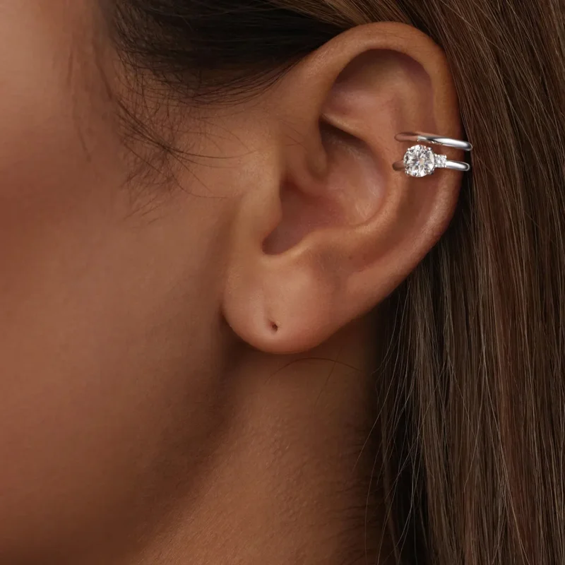 (slika za) Dvojna ušesna manšeta iz moissanita v stilu PANDORA (z enim certifikatom) - MSE0 - Ogled 6