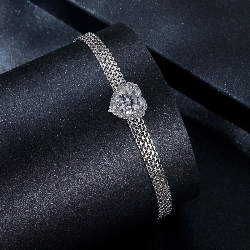 (slika za) Pletena zapestnica PANDORA Style Heart Moissanite (z enim certifikatom) - MSB019 - Ogled 2