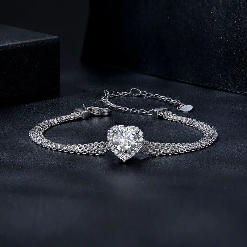 (slika za) Pletena zapestnica PANDORA Style Heart Moissanite (z enim certifikatom) - MSB019 - Ogled 3