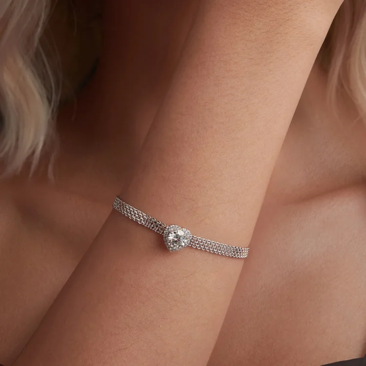 Pletena zapestnica PANDORA Style Heart Moissanite (z enim certifikatom) - MSB019
