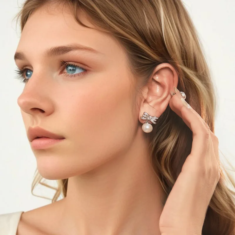 (slika za) Biserni uhani s pentljo v stilu PANDORA - YIE247 - Ogled 7