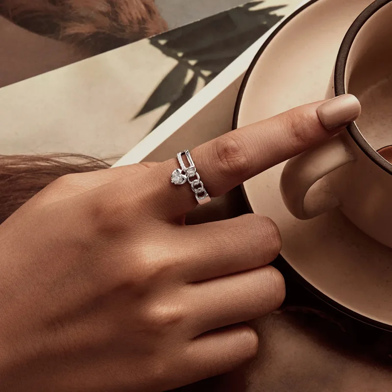 (slika za) Dvojni verižični prstan v obliki srca v slogu PANDORA - BSR572 - Ogled 5